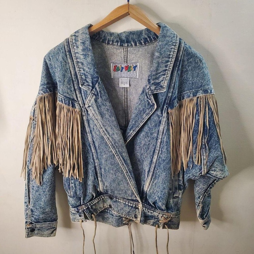 Blue Tan Fringe Jean Jacket with Cropped Fit